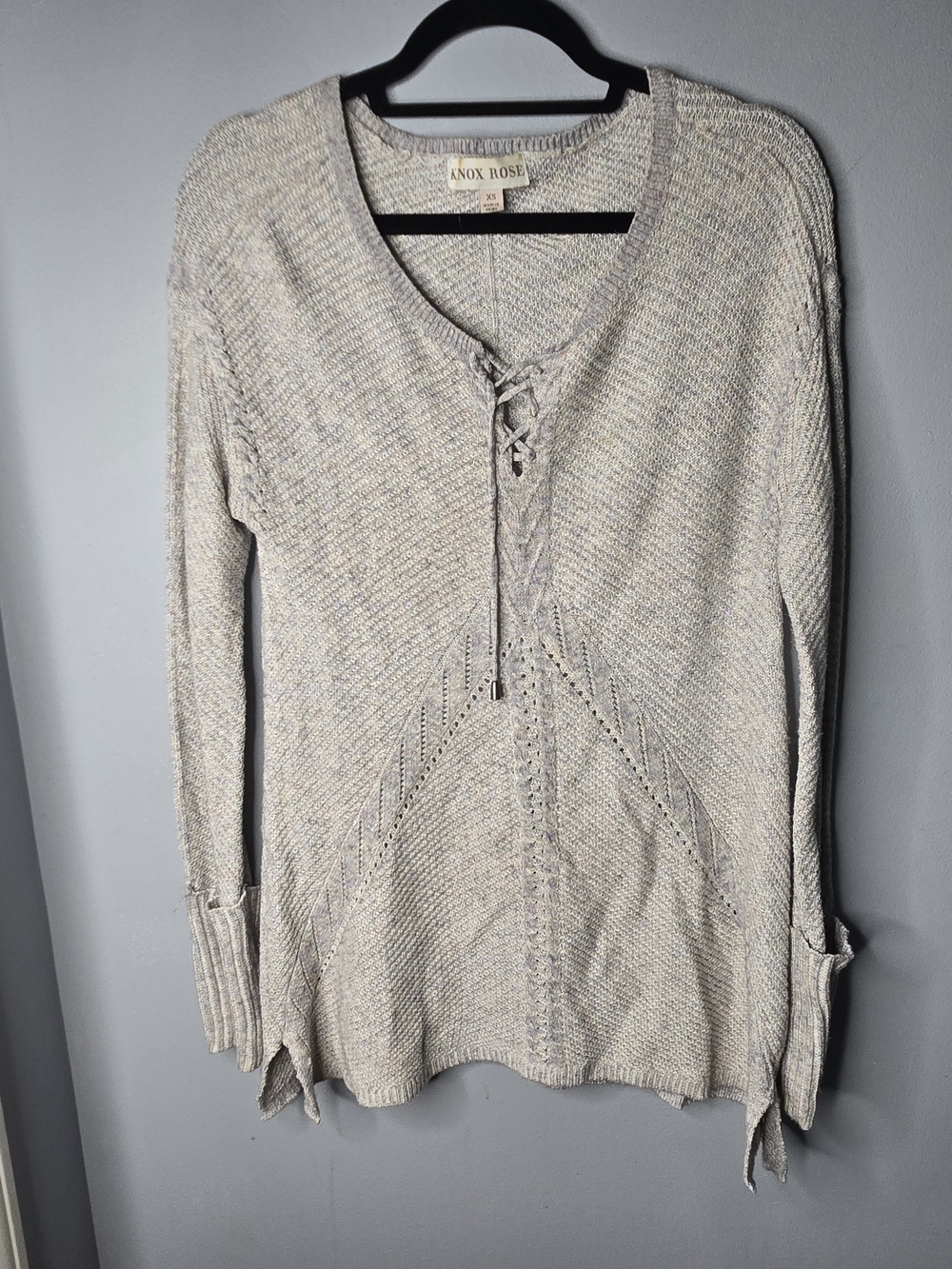 Knox Rose XS Gray Marled Pointelle Knit Lace-Up V-Neck Boho Sweater